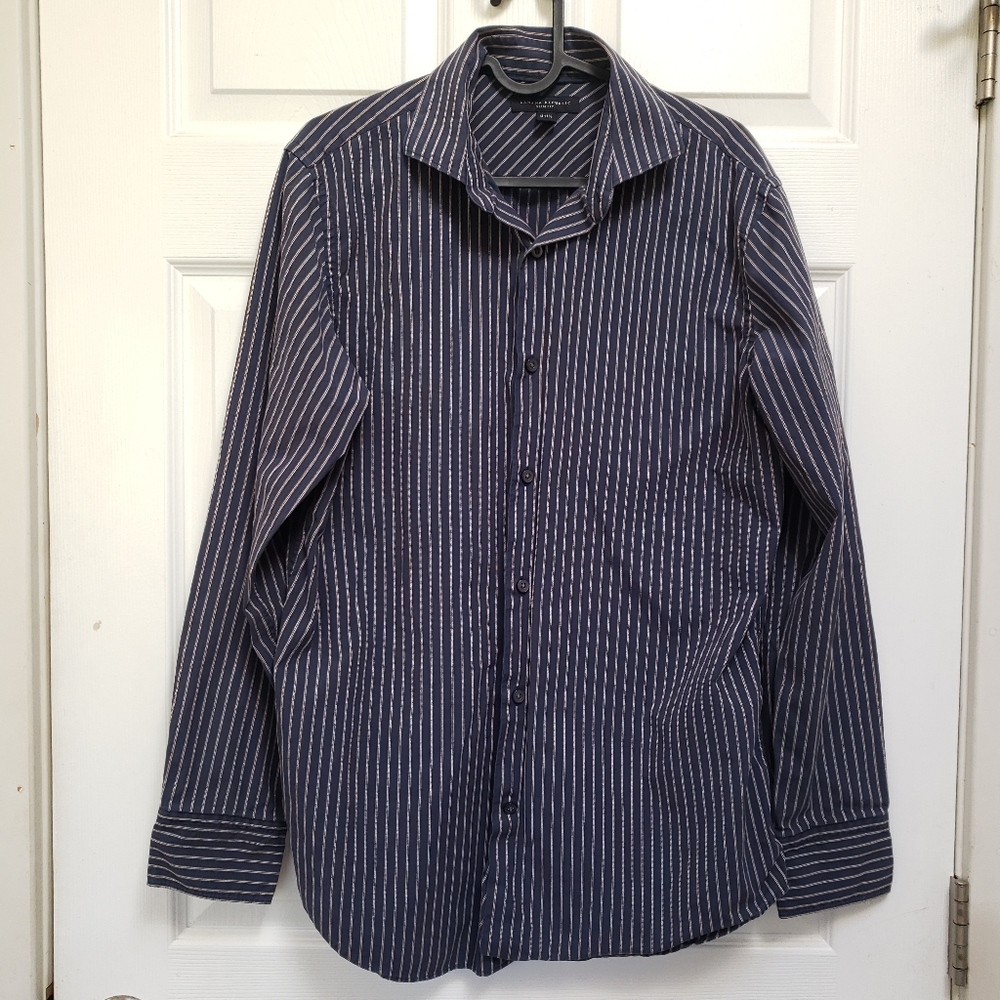Banana Republic Navy Blue Striped Cotton Long Sleeve Dress Shirt